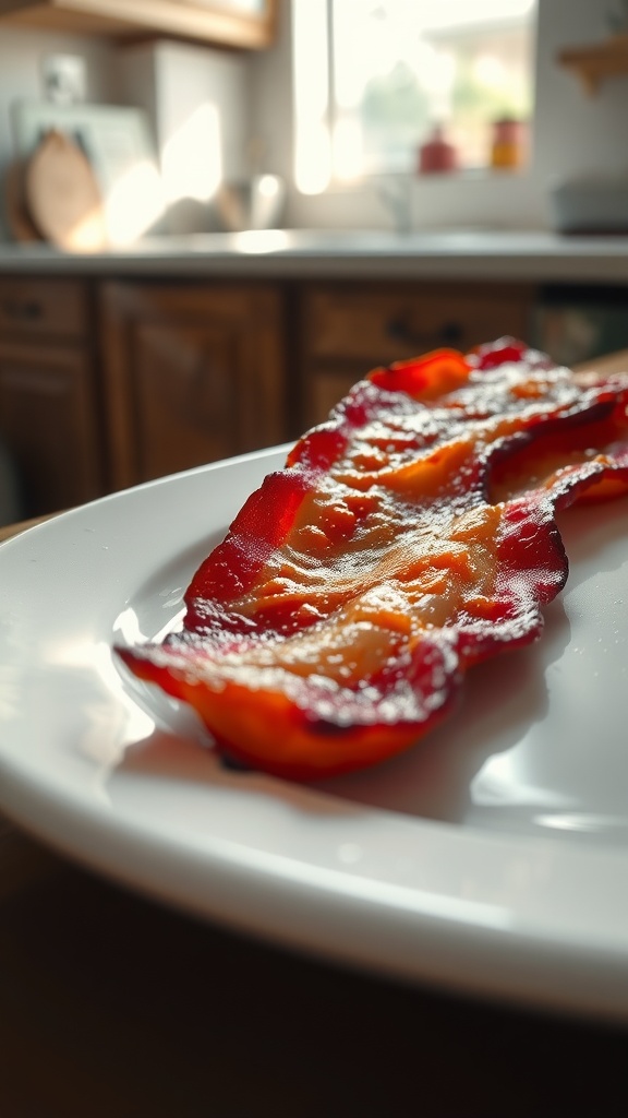 A crispy bacon strip on a white plate with a wooden table backdrop.